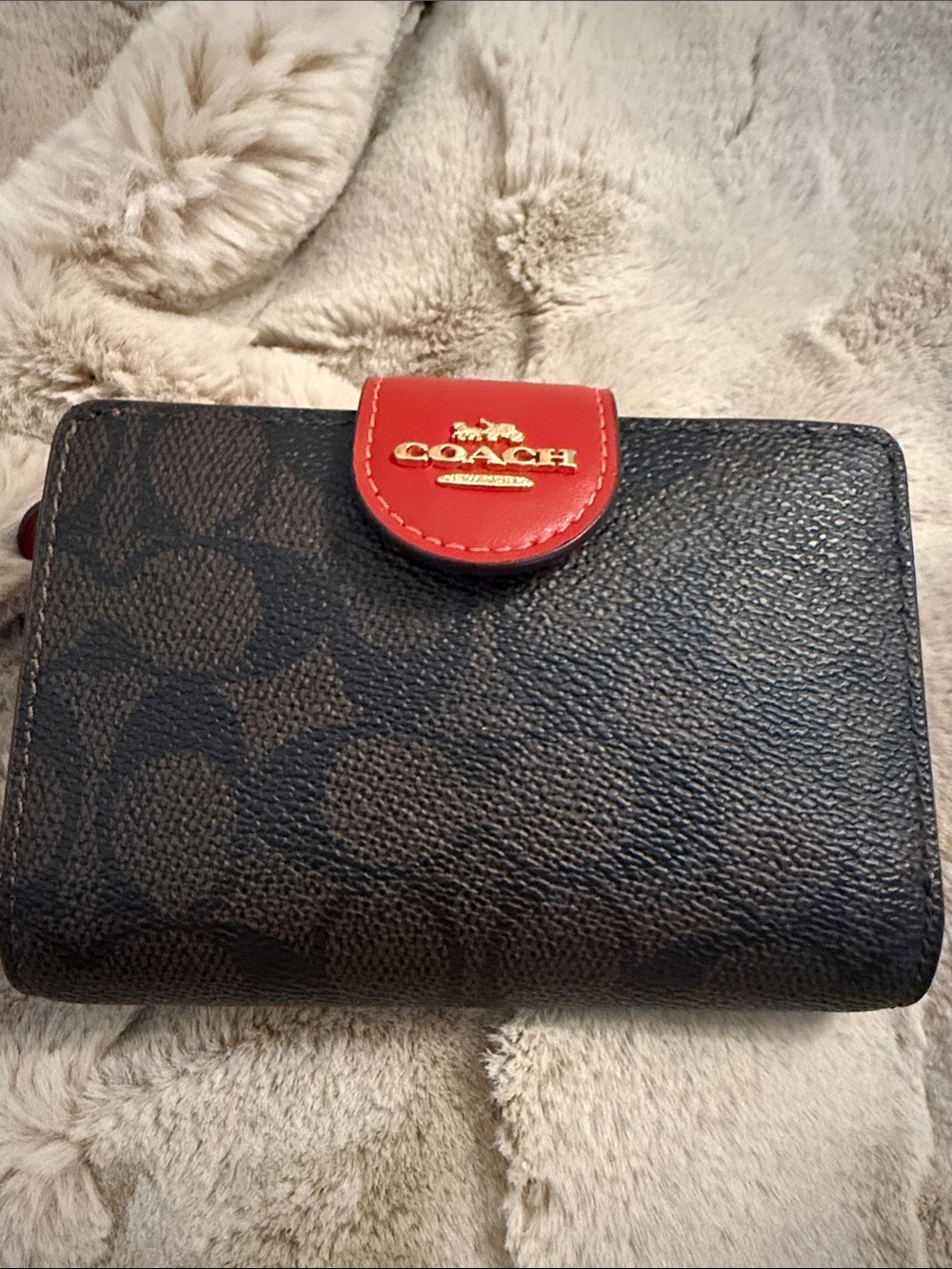 Coach Brown Signature Wallet with Red Snap Tab